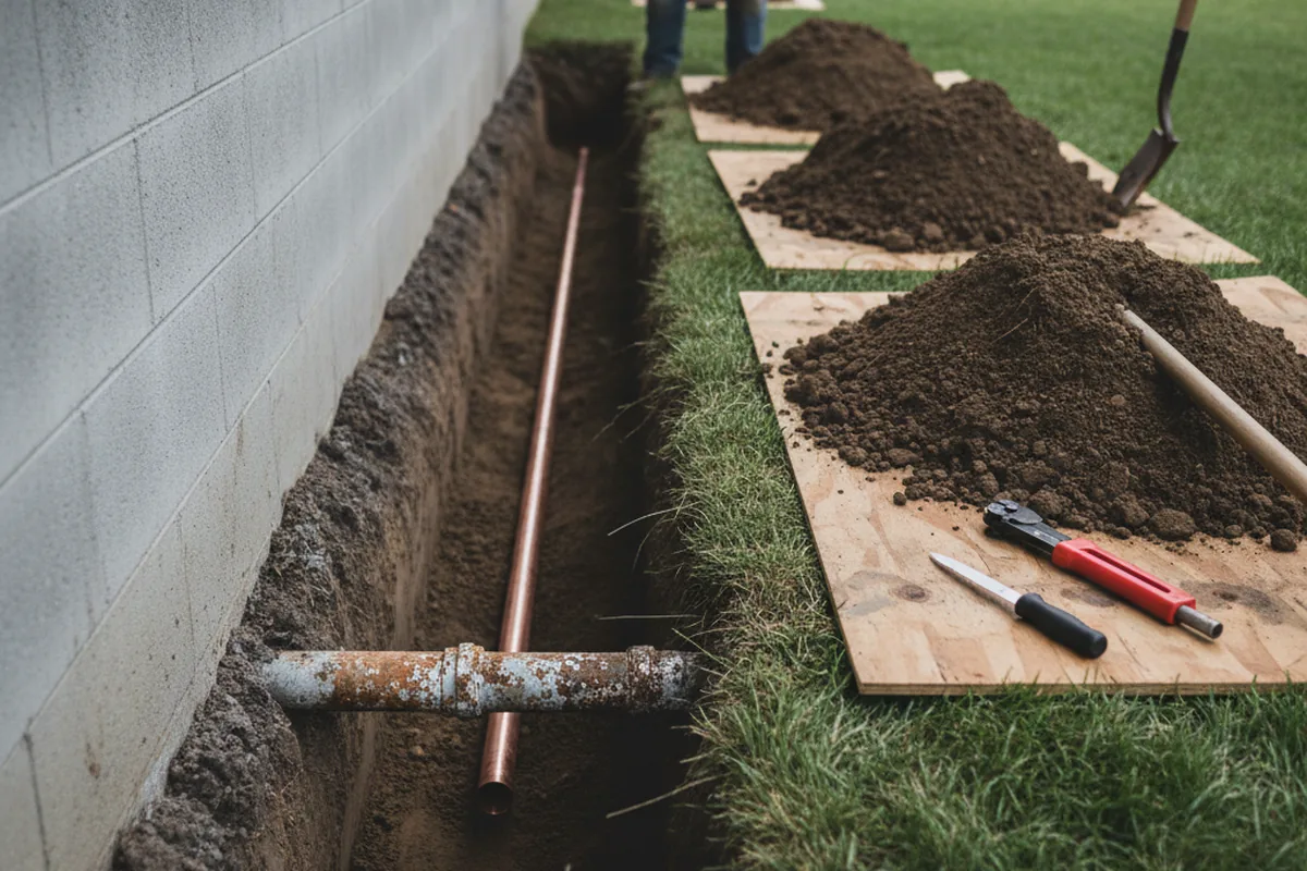 Excavated water line trench during Water Softener Installation in Willow Spring